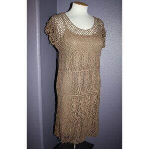 NWT Solitaire by Ravi Khosla Brown Boho Crochet Cap Sleeve Dress w/ Slip S